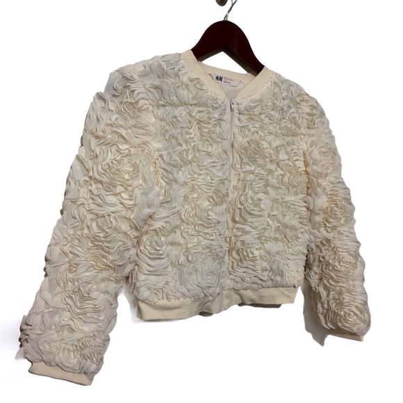 H&M Other - H & M Girls Rosette & Ruffle Cream Bomber Jacket